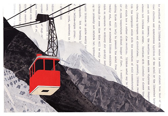 William Steiger, Aerial Tram with Mountains #2, 2010
Collage of painted and found papers, 9.5 x 12.5 inches (24 x 32 cm)