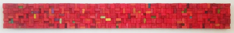 Carlos Estrada-Vega, Mama Pacha, 2014
Wax, limestone dust, oil, olepasto, pigments on wood, 6 x 54 inches (15 x 137 cm)
Sold