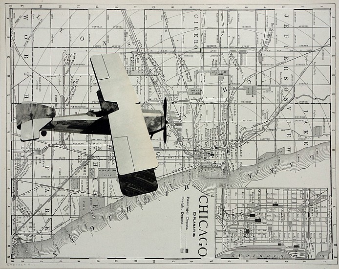William Steiger, Chicago Flyover #3, 2014
Collage of vintage map, found paper and gouache, 10.25 x 13 inches (26 x 33 cm); Framed: 15.25 x 18 inches (38.5 x 45.5 cm)