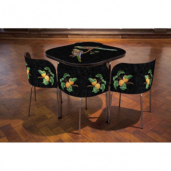 Gary Carsley, Pietre Dure; FUSION Table and Chairs, The Paradise Parrot., 2015
Lambda monoprint, resin, Ikea FUSION table and chairs, 30 x 35.5 x 35.5 inches (76 x 90 x 90 cm)