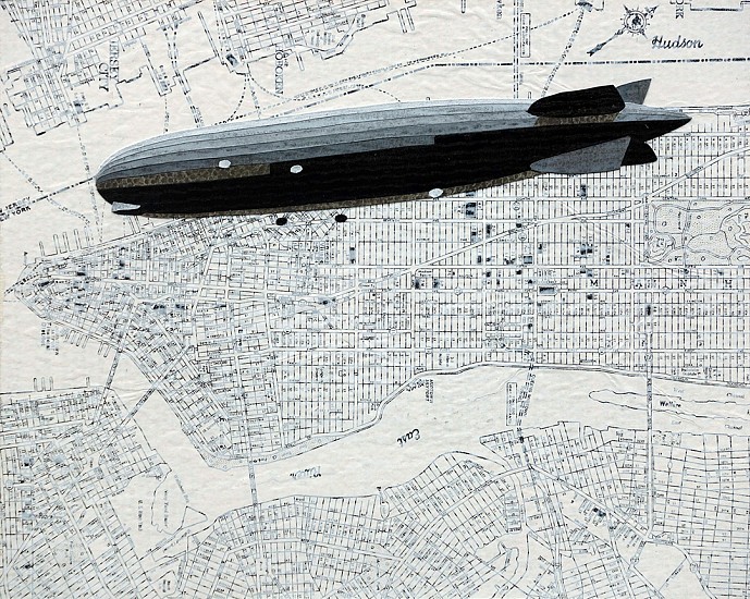 William Steiger, Dirigible Manhattan, 2020
Collage of cut paper, vintage maps, gouache and glue mounted on panel, 8 x 10 inches